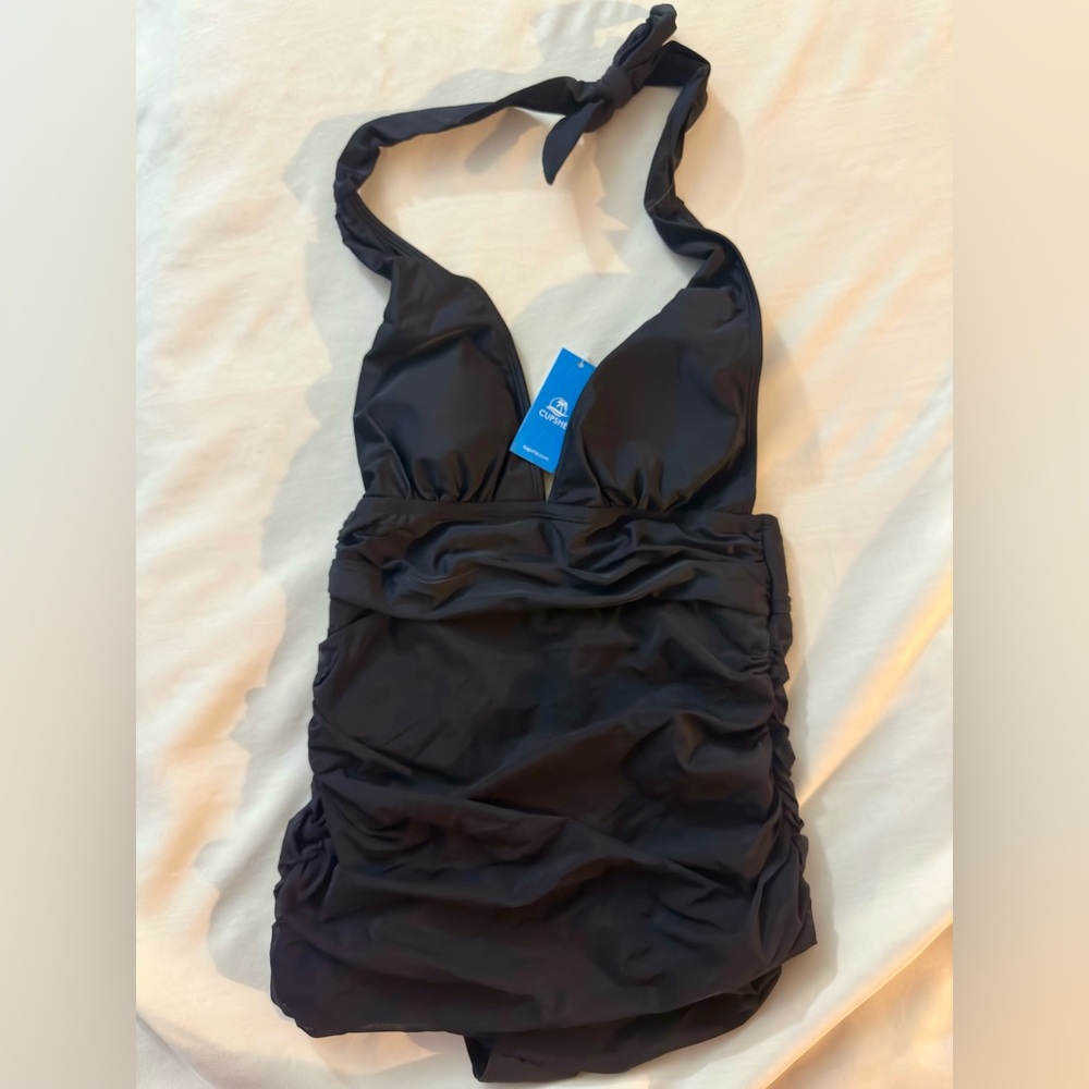 Black Cupshe V-neck halter ruched tummy control one-piece swimsuit.  Size Med